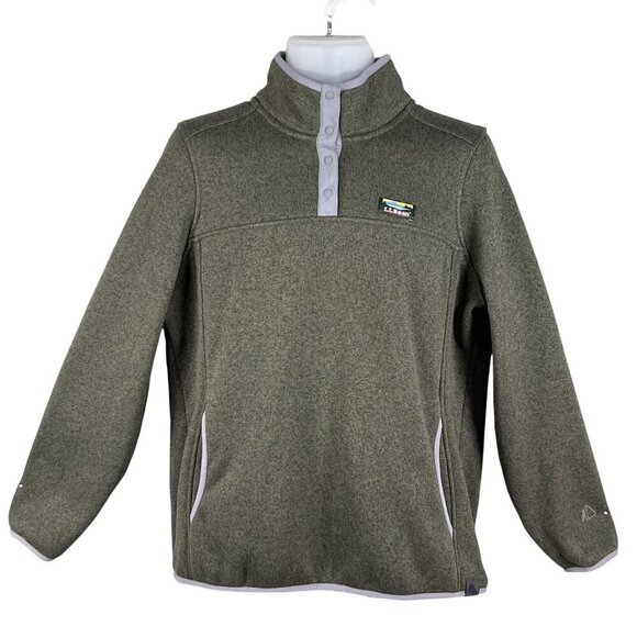 LL Bean Womens L Olive Green Snap Up Fleece Jacket Pullover Long Sleeve Sweater - Picture 1 of 16